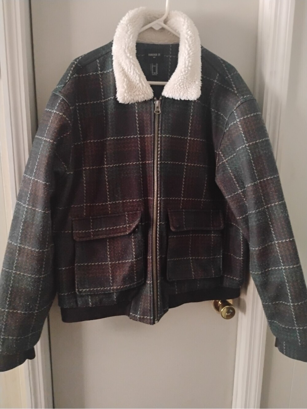 Forever 21 Men Plaid Sherpa Collar Bomber Jacket Green Brown Wool Blend XXL